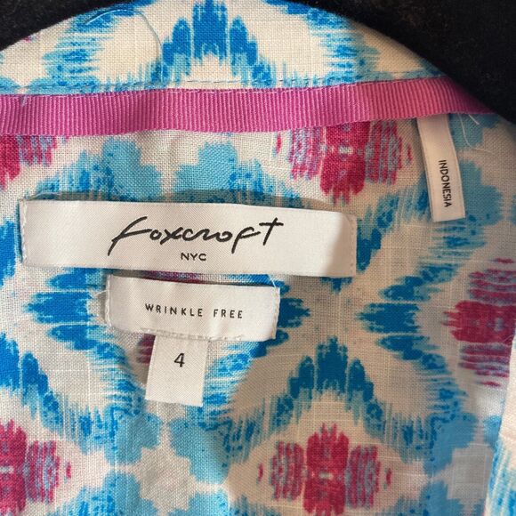 Foxcroft NYC Popover Top Sz 4 Blue/Pink Print Wrinkle Free 3/4 Sleeve Cotton‎ - Picture 2 of 8